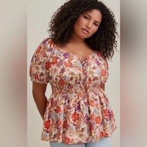 Torrid Georgette Eyelet Smocked Waist Puff Sleeve Top size 1X